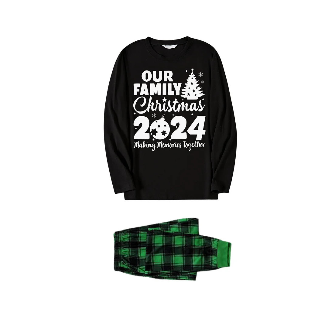 Christmas Tree & "Making Memories Together" 2024 Patterned Black Long Sleeve Top with Green and Black Plaid Family Matching Pajamas
