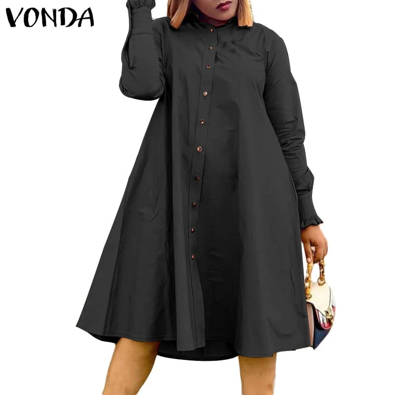 Long Sleeve Women Midi Dress 2022 VONDA Casual Pleated Vestido Vintage Solid Color Lapel Collar Dress Oversized Robe Femme