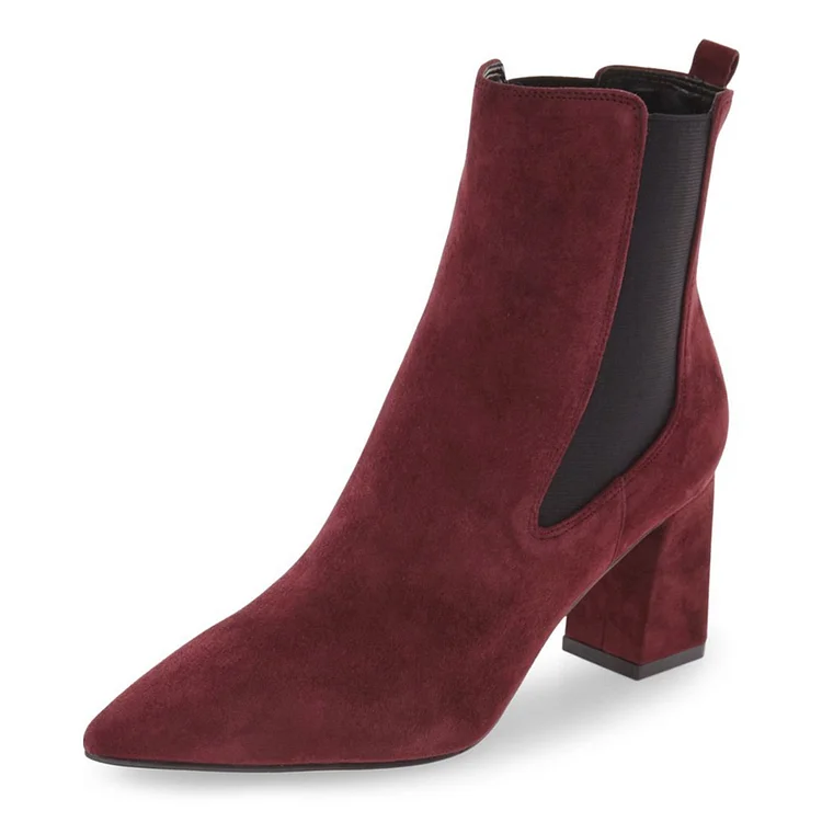 Burgundy Chelsea Boots Chunky Heel Pointy Toe Vegan Suede Shoes for Work |FSJ Shoes