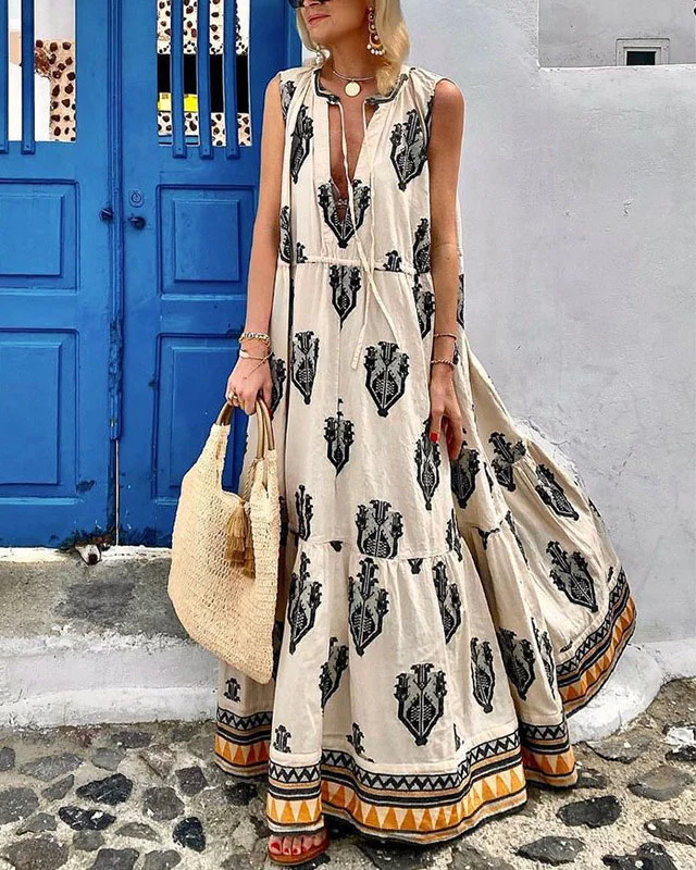 Elegant Sleeveless Mid Length Bohemian Print Dress