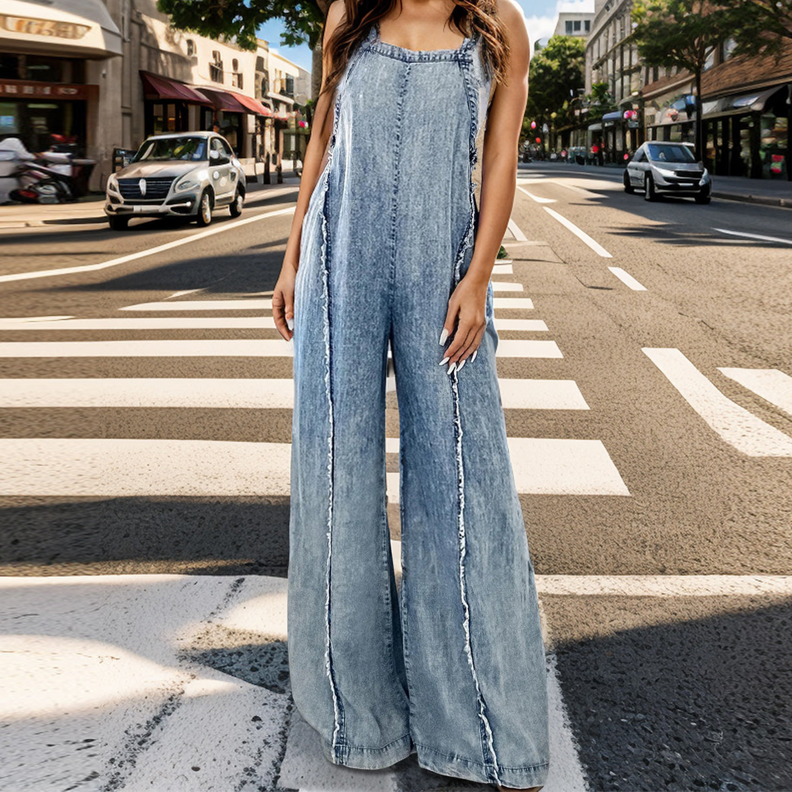 Bonushaf Women's Denim Overalls Loose Vintage Washed Raw Trim Square Neck Open Back Sleeveless Wide Leg Suspender Pant Jumpsuits