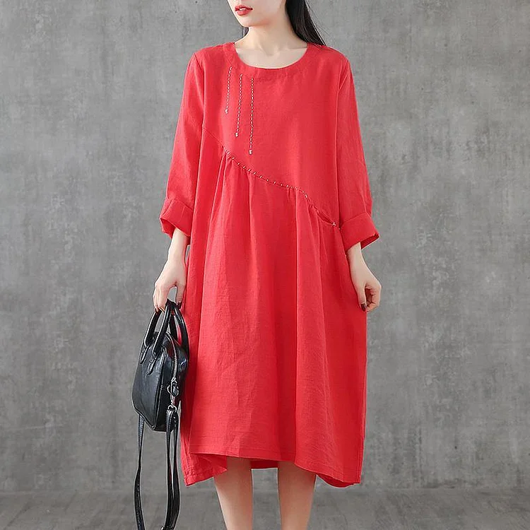Simple patchwork linen Robes Outfits red embroidery Dress