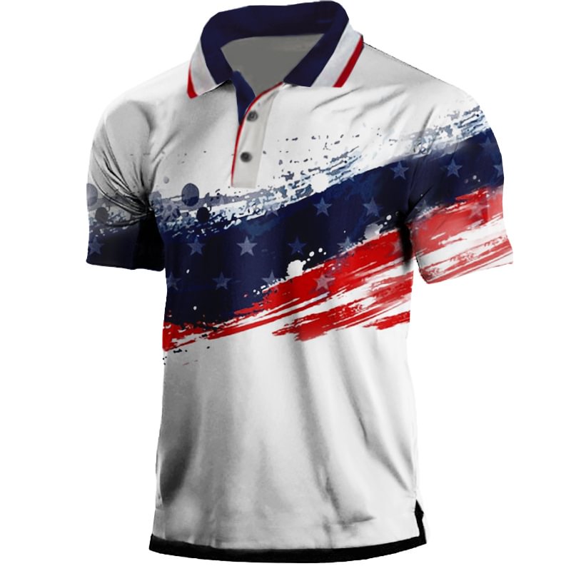 Men's Outdoor American Flag Print Pollol Neck T-Shirt