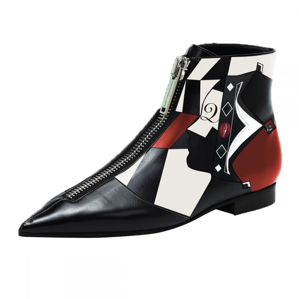 Black & White Pointed Toe Flat Booties Zip Color Block Ankle Boots Nicepairs