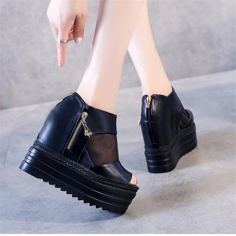European Wedges with High-heeled Sandals Muffin Thick-bottom Fish Mouth Shoes New Internal Increase Women's Shoes Cool Boots