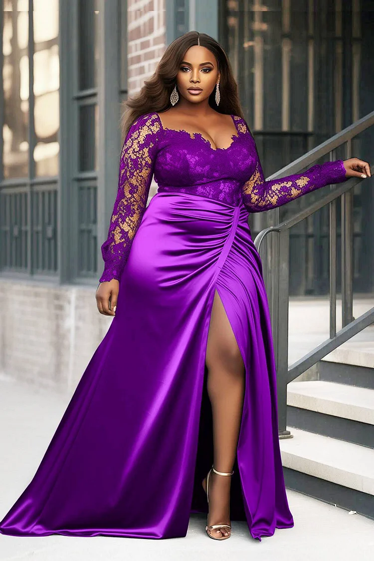 Xpluswear Design Plus Size Formal Emerald Green Square Neck Long Sleeve Split See Through Lace Satin Maxi Dresses 2024 - Xpluswear