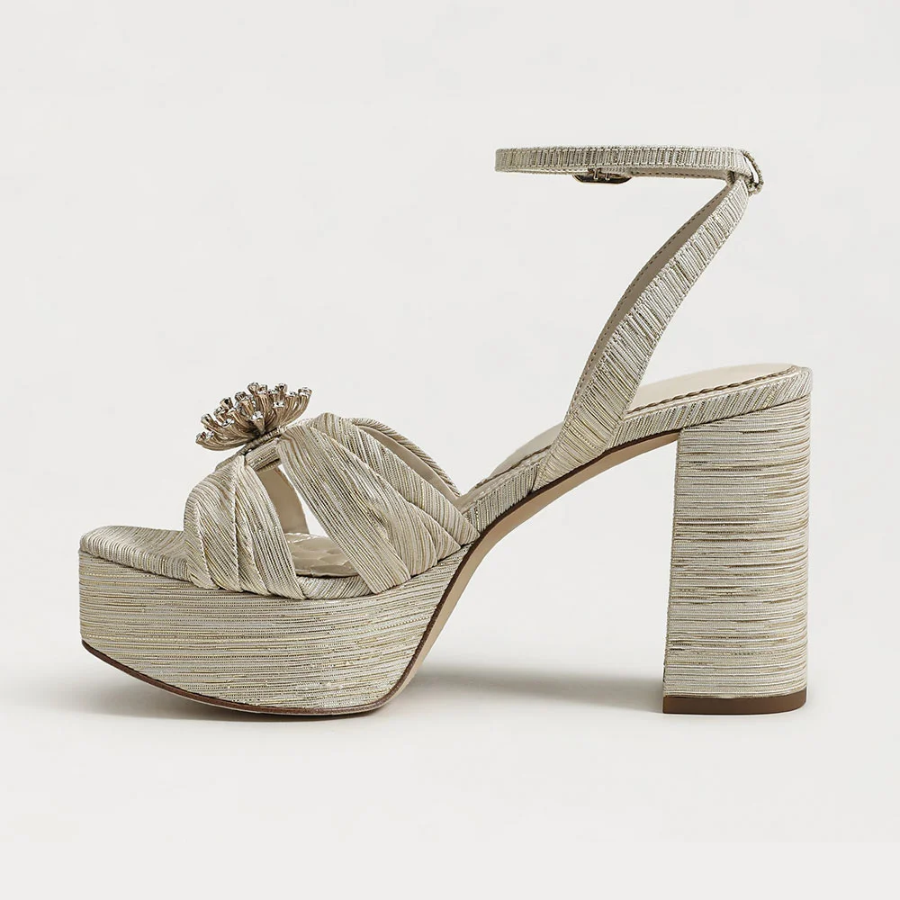 Beige Open Square Toe Rhinestone Floral Ankle Strap Platform Sandals