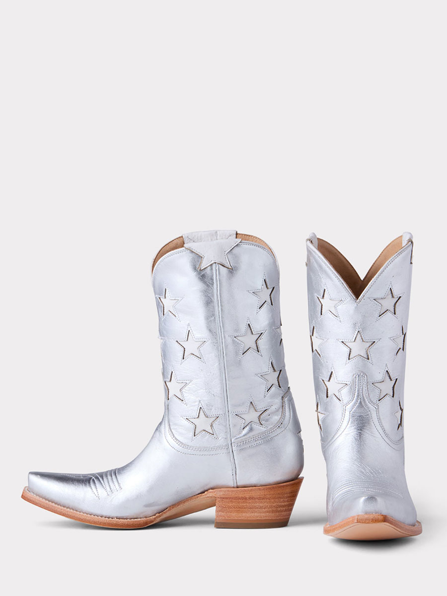 Silver Chunky Heel Snip Toe Star Inlay Mid-Calf Cowgirl Boots