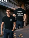 3pcs Men'S Customizable Black Shirts - Breathable Short Sleeve Polo Shirts with Personalized Photo/Logo Print, Comfortable Collar Design for Work Uniforms, Team Apparel & Gifts, All-Season Wear, Promotional Items, Classic Collar Design, Durable Fabric