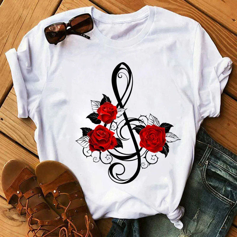 New Fashion Women Black T Shirt Red Rose Musical Note Printed T Shirt Harajuku Cute Graphic Tee Shirt Female Ladies Casual Tops
