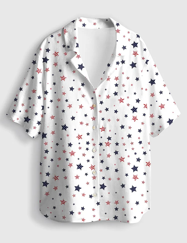 Women&rsquo;s Patriotic Star 4th Of July Short Sleeve Linen Blend Hawaiian Shirt