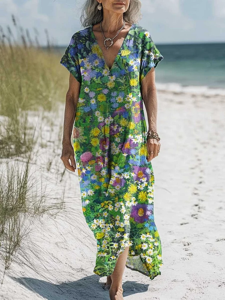 Women's Vintage Lovely Floral Art Print Pocket Cotton Dress