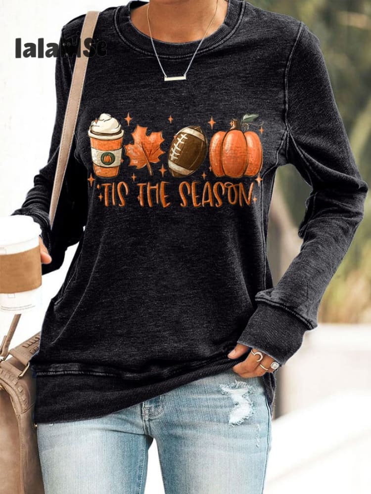 Football Tis The Season Pumpkin Maple Leaf Print Sweatshirt Black / S
