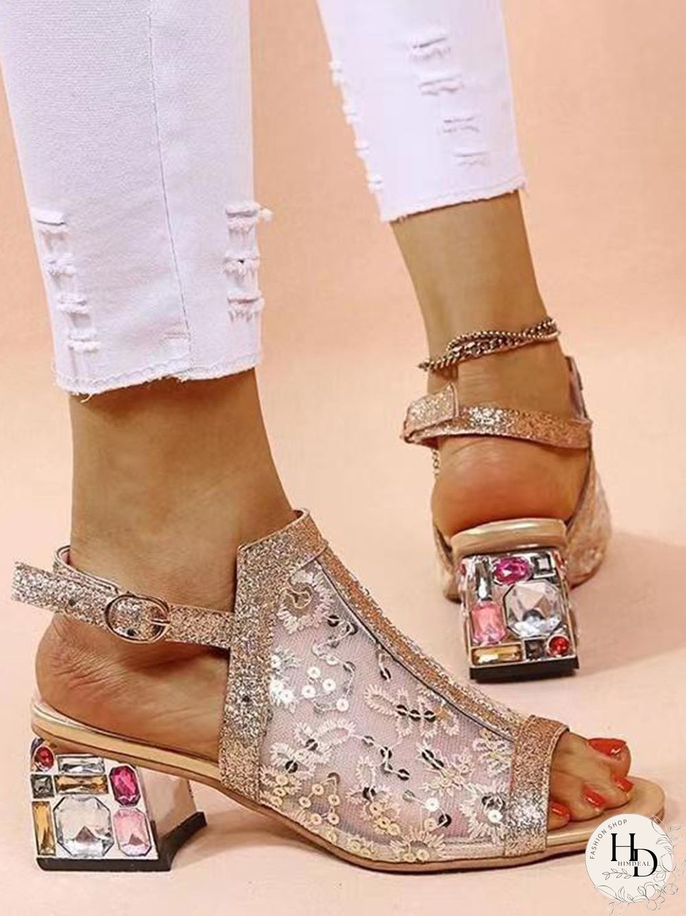 Mesh Sequined Fish Mouth Chunky Heel Sandals