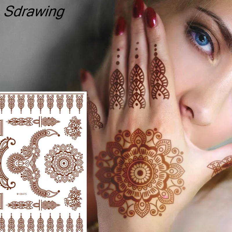 Sdrawing Henna Lace Temporary Tattoo Sticker Butterfly Mehndi Flower Fake Tattoo for Women Feather Flora Sexy Henna Design Stickers