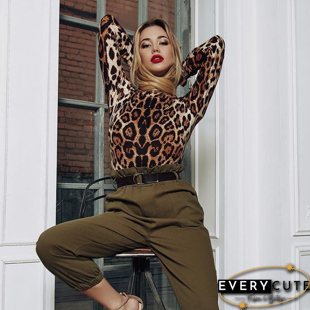 Sexy Leopard-Printed Bodycon Bodysuits Spring Women Long Sleeve Mock Neck Skinny Body Suit