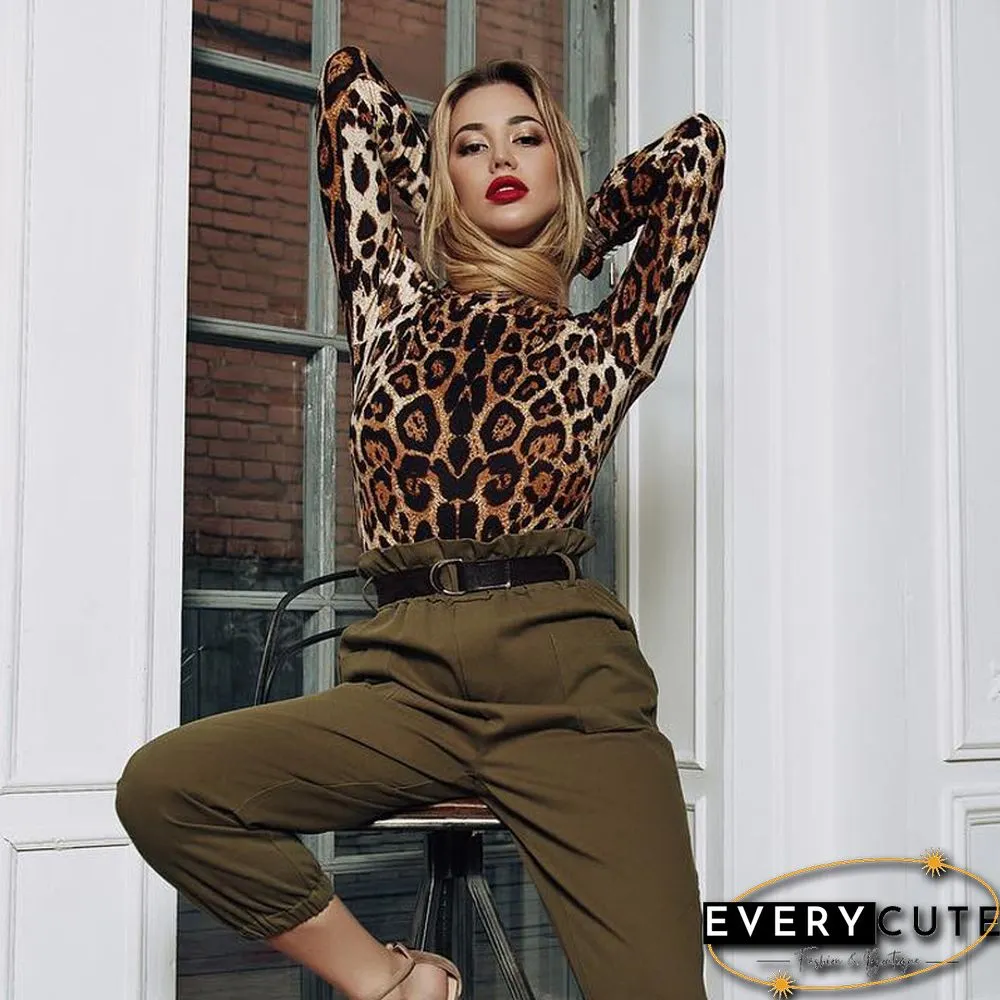 Sexy Leopard-Printed Bodycon Bodysuits Spring Women Long Sleeve Mock Neck Skinny Body Suit