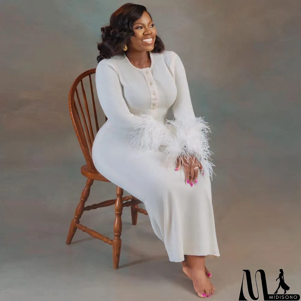 MidiSono - Plus Size Slim Fit Button Feather Long Sleeve Maxi Dress