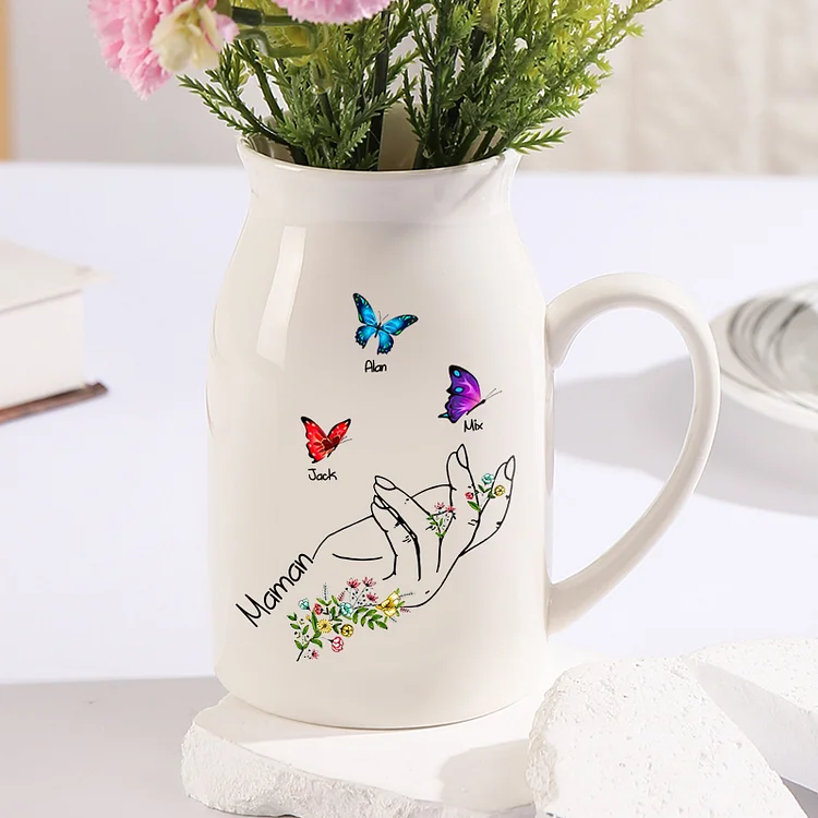 Vase à Fleurs Mains et Papillons 3 Prénoms Personnalisés avec Texte Décoration de la Maison Jessemade FR
