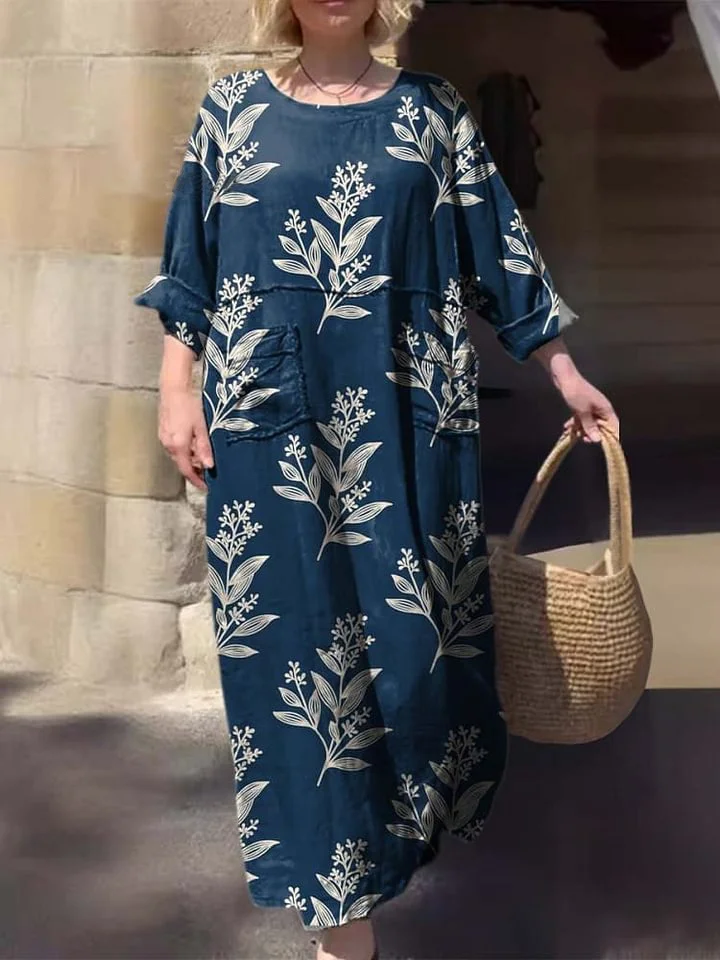 Women's Round Neck Floral Print Three-quarter Sleeve Pocket Cotton Dress