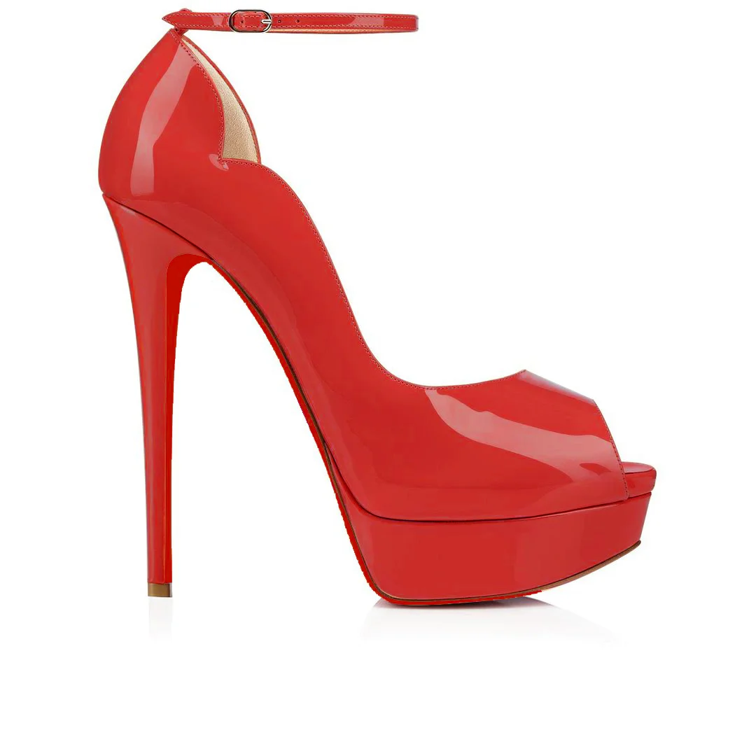 150mm Women's Party Red Bottom Sky High Platform Ankle Buckle Pumps Summer Prom Shoes-MERUMOTE