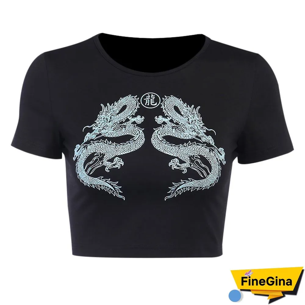 Harajuku Sexy Dragon T-Shirts Women Cropped Tops Streetwear Gothic Bodycon Short Tee