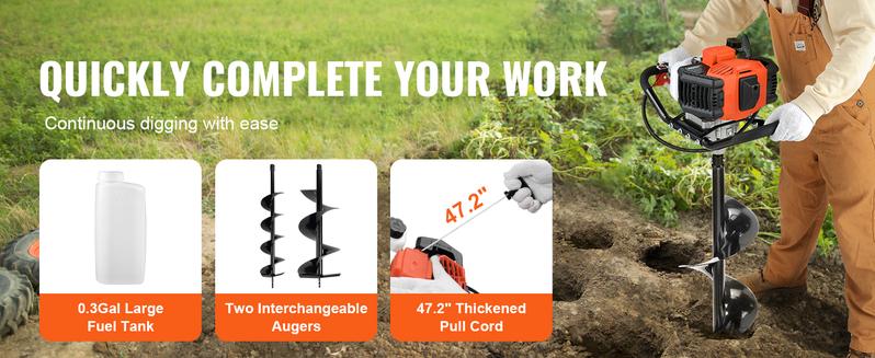 Product Introduction of VEVOR Post Hole Digger. 52cc 1450W Auger Post Hole digger. Gas Powered Earth Digger with Two Earth Auger Drill Bit 6" & 10" and 3 Extension Rods. for Farmland. Garden and Plant. EPA certification VEVOR Super Brand Day 4
