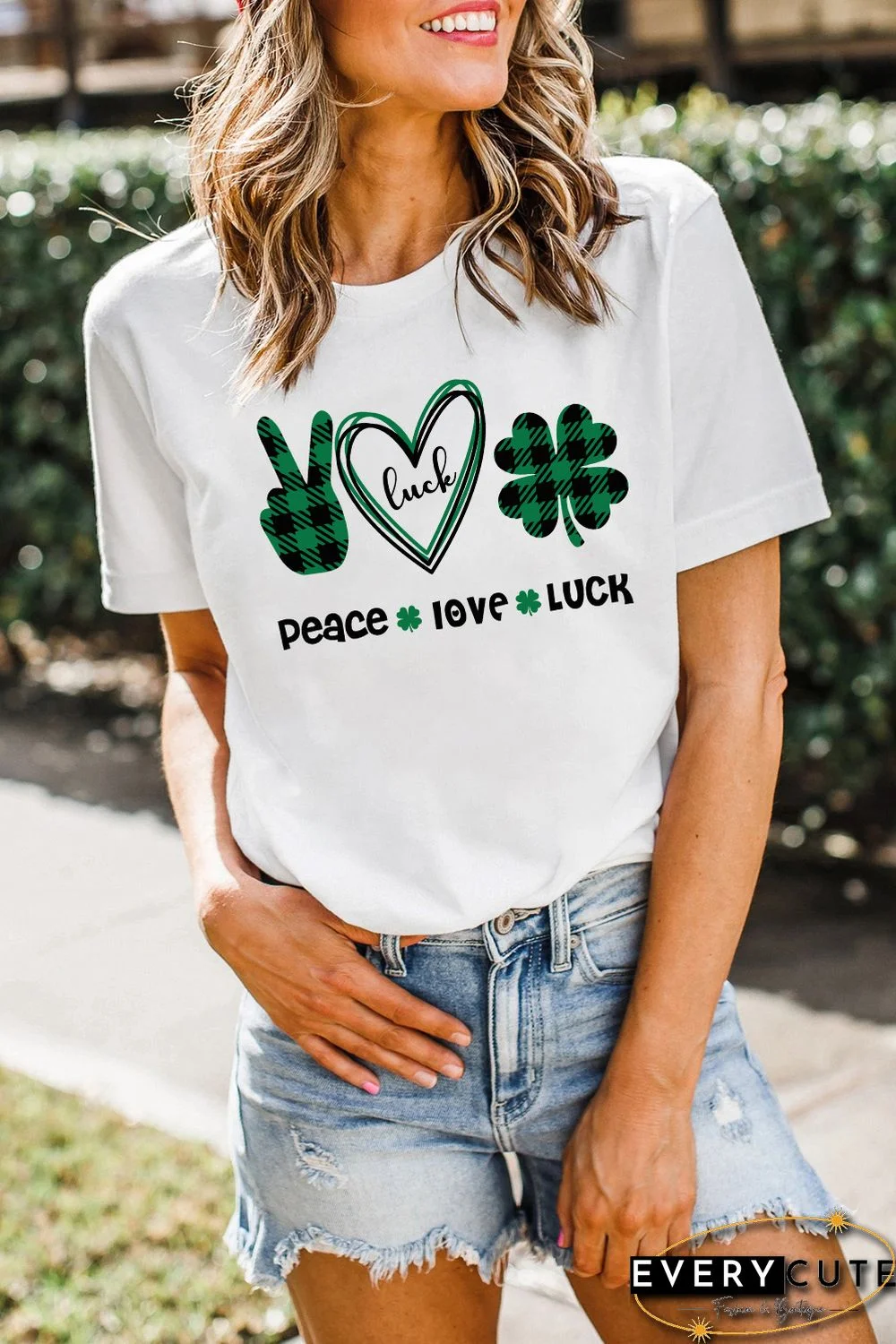 White St. Patrick's Day Letter Plaid Clover Graphic Print T-shirt