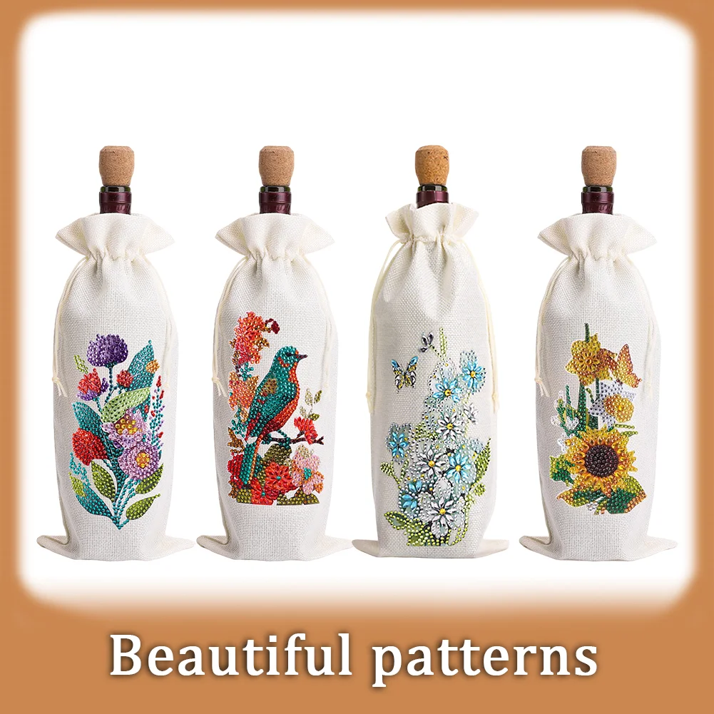 4pcs DIY Diamond Painting Wine Bag Kit Rhinestones Liquor Bottle Cover (Flower)