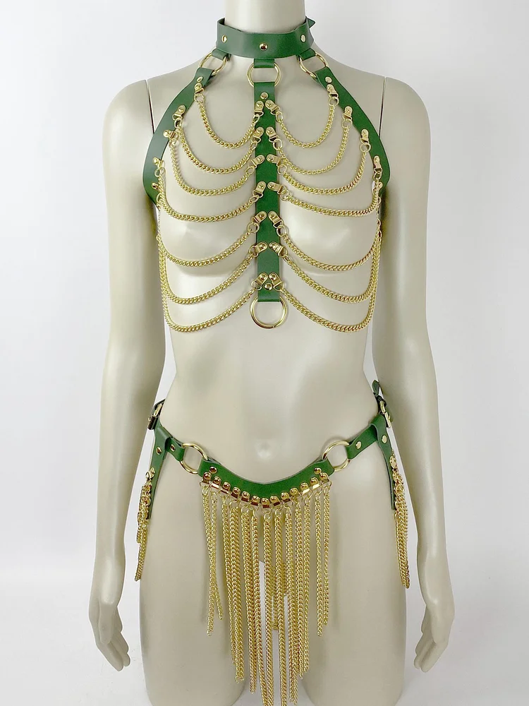 pornhint Pornhint Leather Harness With Golden Chains, Full Body Harness, Chain Harnesses Women, Harness Dance Skirt Bondage Harness BDSM Waist Harness Belt leather harness women