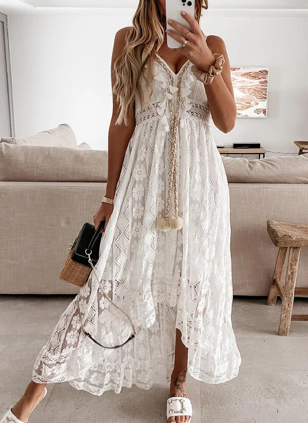 Lace Suspender Swing Solid Color Long Dress socialshop