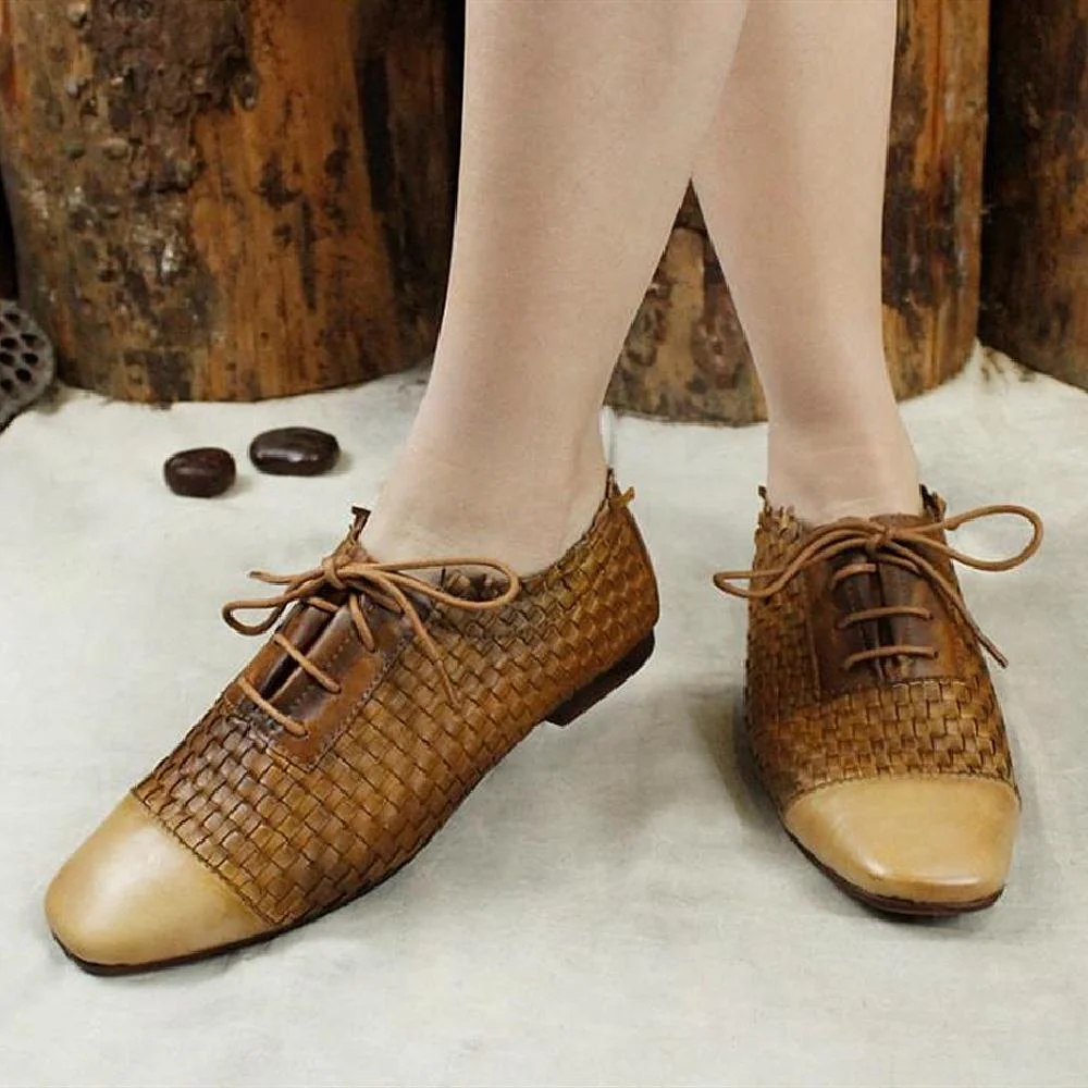 Women Fashion Oxfords Leather Flats Lace-Up Brogue Knitting Ankle Shoes Brown