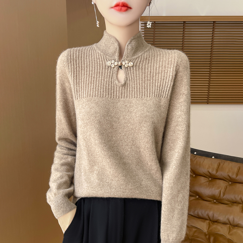 Women Merino Wool Sweater Mandarin Collar Pullover Chinese Style Cashmere Bottoming Knitwear Retro Long Sleeve Clothing Tops | Launchpadint