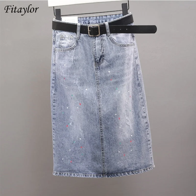 Fitaylor 2021 New Spring Summer Women Vintage Loose A-line Light Blue Cowboy Skirts Mid Length Denim Skirts with Belt Lady