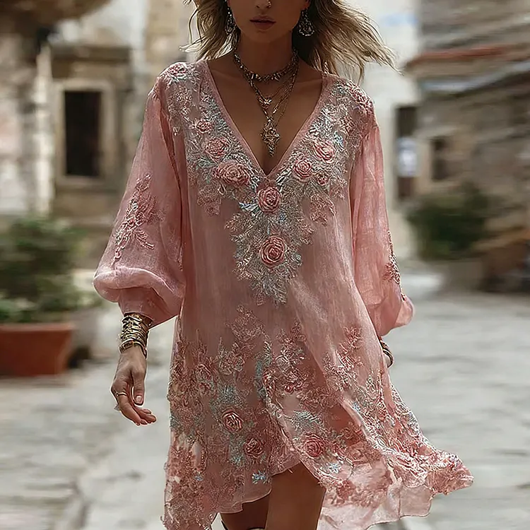 Women's Rose Floral Embroidered Casual V-neck Dress