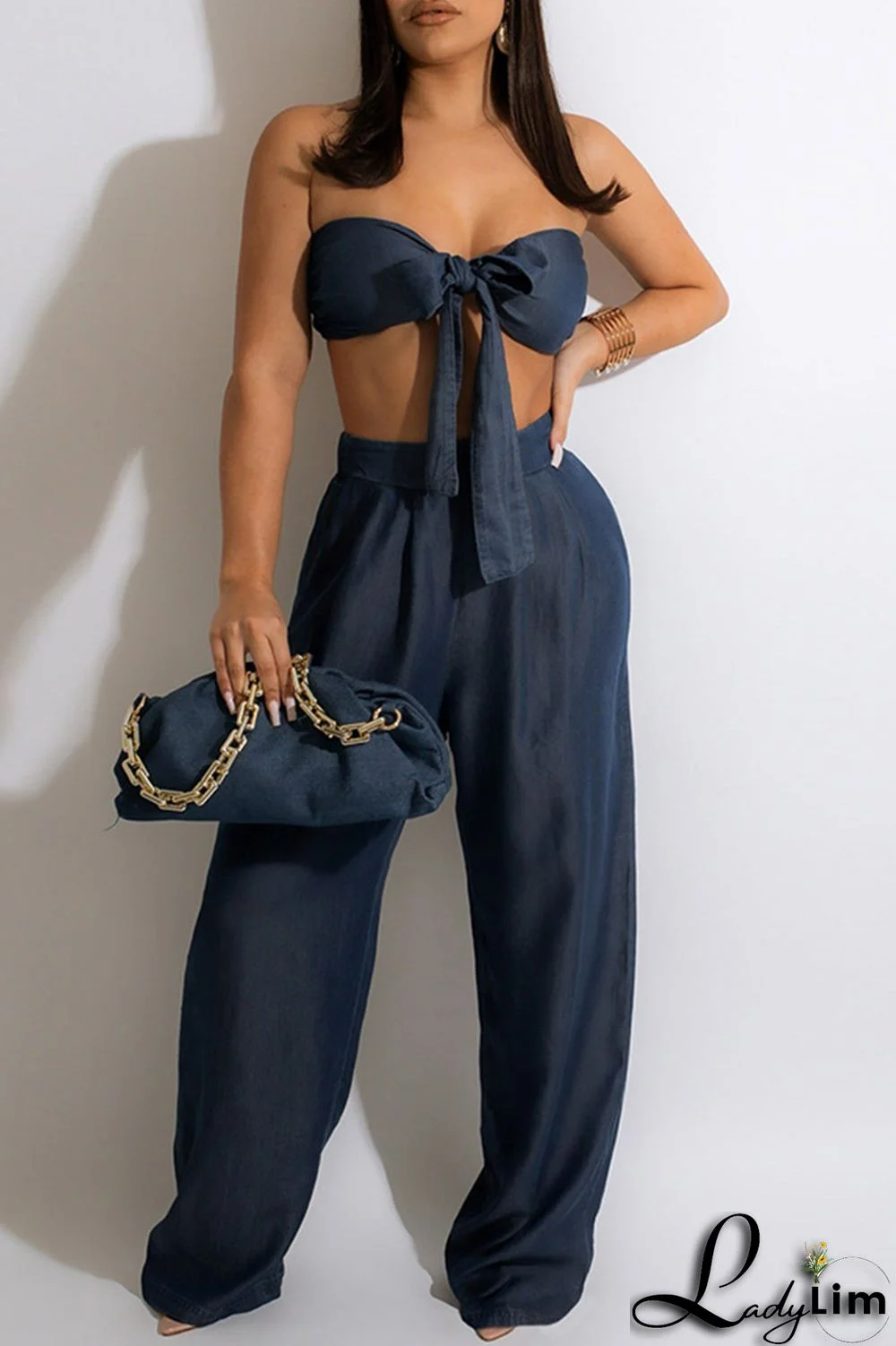 Dark Blue Fashion Sexy Solid Backless Strapless Sleeveless Two Pieces