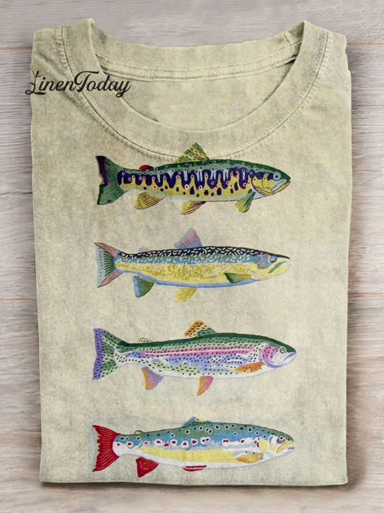Fish Art Print Casaul Short Sleeve T-Shirt Multicolor / S
