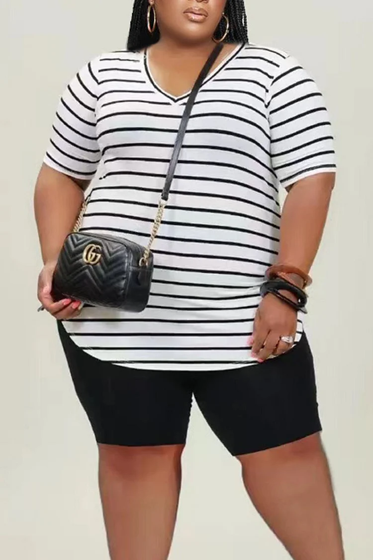 White Casual Striped Print Patchwork V Neck Plus Size Two Pieces