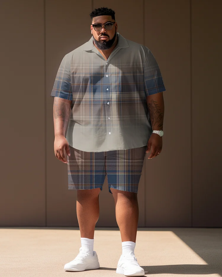 Men's Large Size Gradient Plaid Short Sleeve Shirt Shorts Set