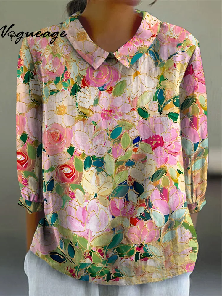 Pink Floral Print Lapel Long-Sleeved Cotton And Linen Women Shirt