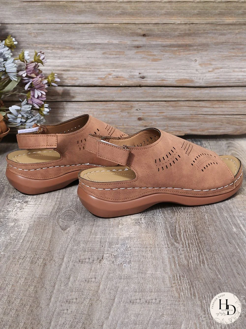 Cutout Velcro Vintage Casual Velcro Wedge Sandals