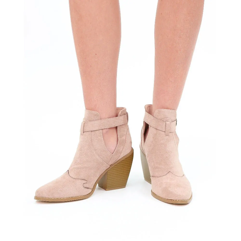 Nude Closed Toe Ankle Buckle Hollow-Out Heel Boots for Women
