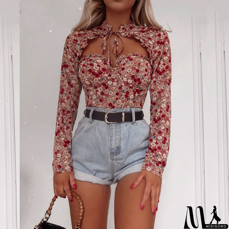 MidiSono - Sexy Cutout Slim Print Long Sleeve Shirt Top