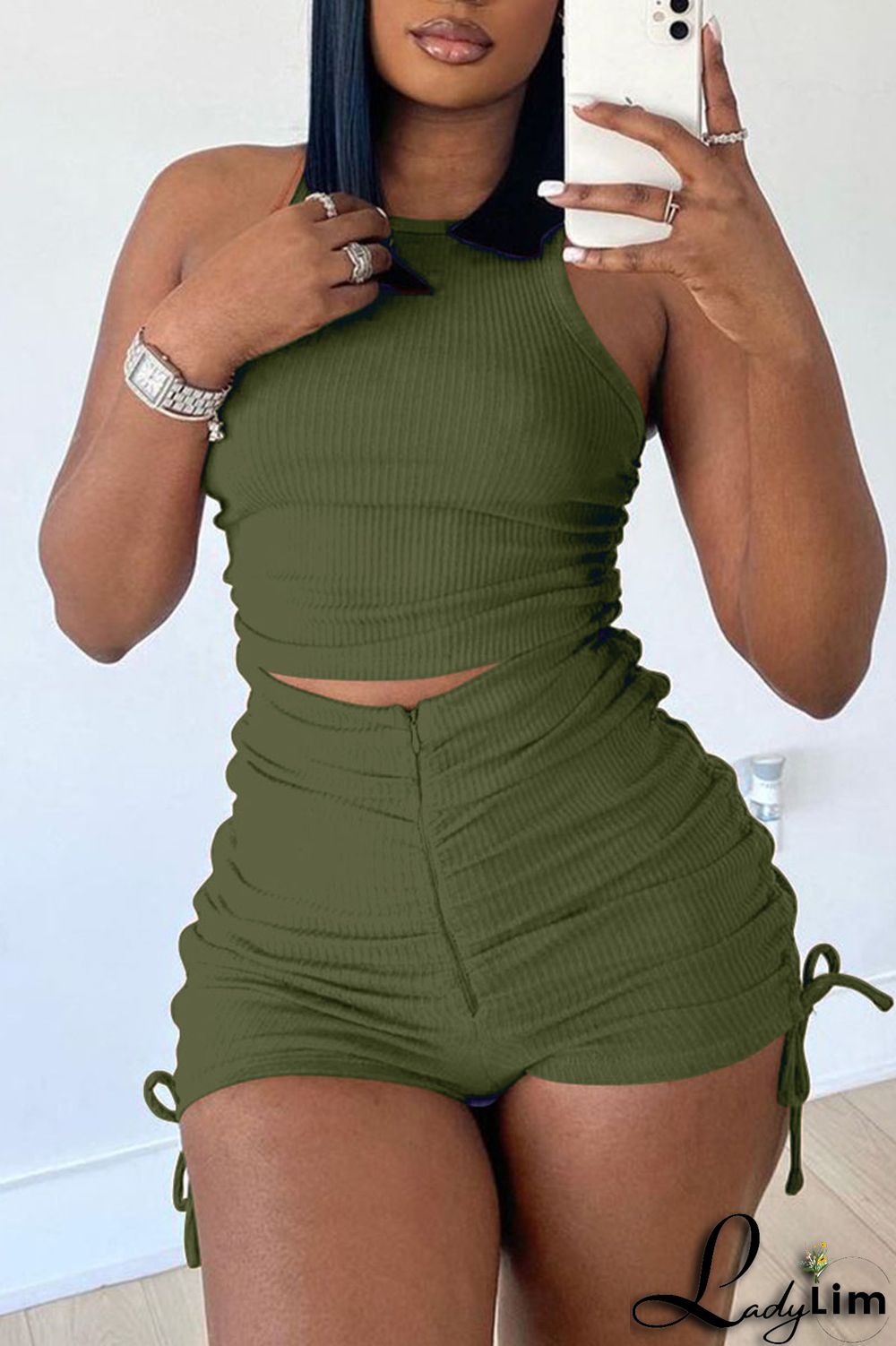 Black Sexy Solid Split Joint Draw String Fold O Neck Short Sleeve Two Pieces