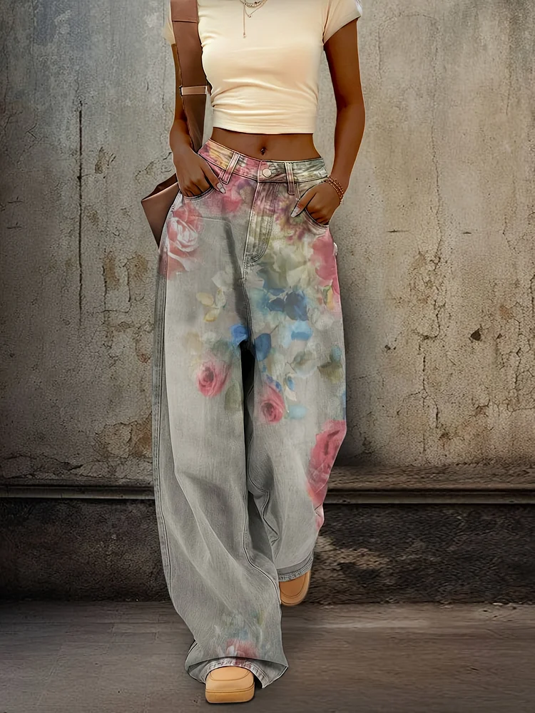 Loose Comfy Fashion Jeans, Casual Versatile Denim Pants For Women, Retro Graffiti Flower Design, Ombre Wash Denim, 3d Print With Flower Rose Vintage Women's Clothing & Denim Jean