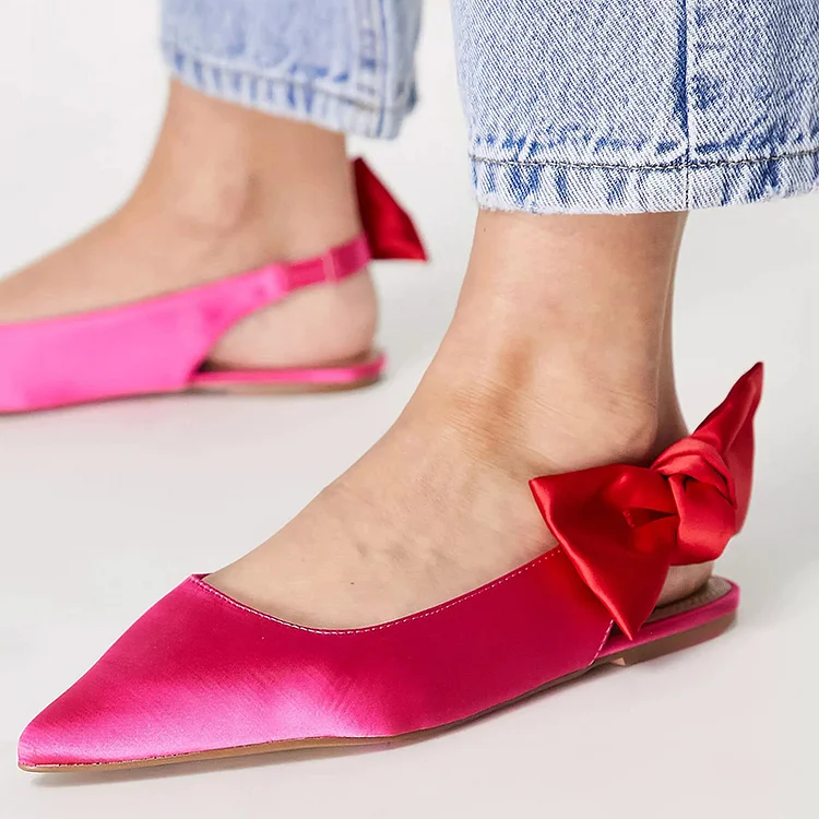 Hot Pink Slingback Bow Pumps Classic Pointed Flats Office Satin Shoes |FSJ Shoes
