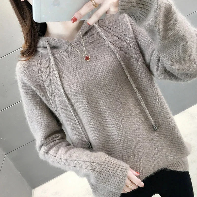 Oocharger Pullover Women Sweater Loose Knitted Hooded Long Sleeve Jumper Thick Solid Ladies Sweater Casual Winter Tops