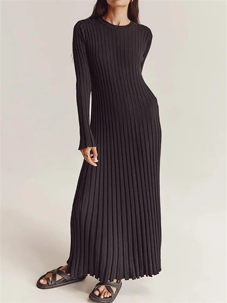 Uveng Uveng Round-Neck Knitted Long Dress 2023 Autumn New Sweater Skirt Pit Strip Solid Color Bottom Dress