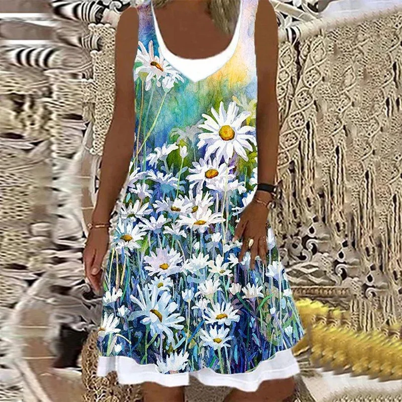 Daisy Print Sleeveless Midi Dress