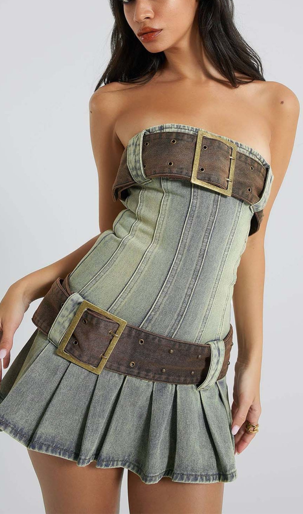 Strapless Buckle Detail Mini Dress In Blue Flowering Girl